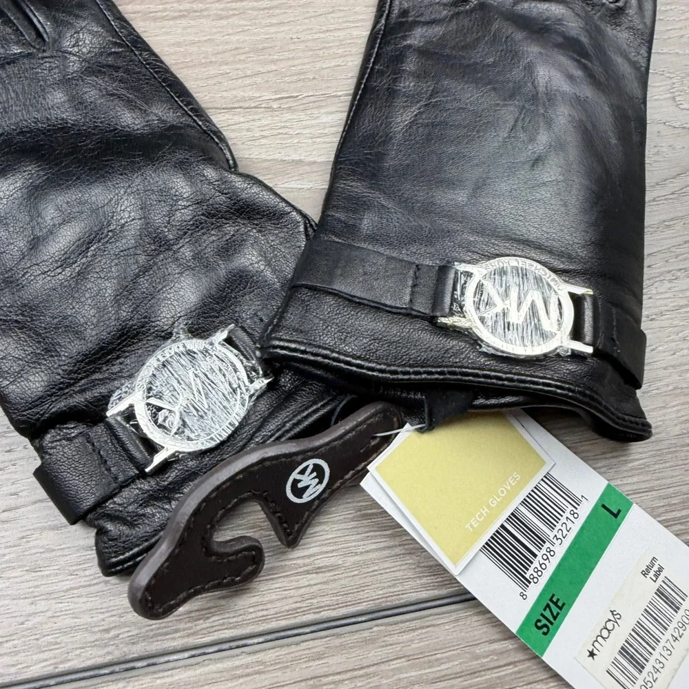 Michael Kors Womens Tech Gloves Leather MK Logo Black Large